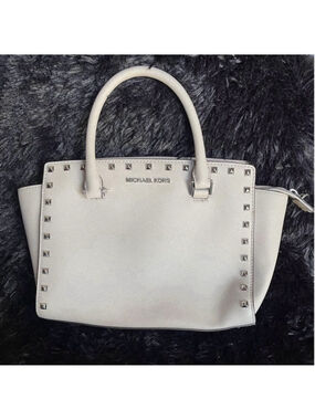 Michael Kors Studded Beige Leather Satchel Top Handle Bag Women Designer Classic